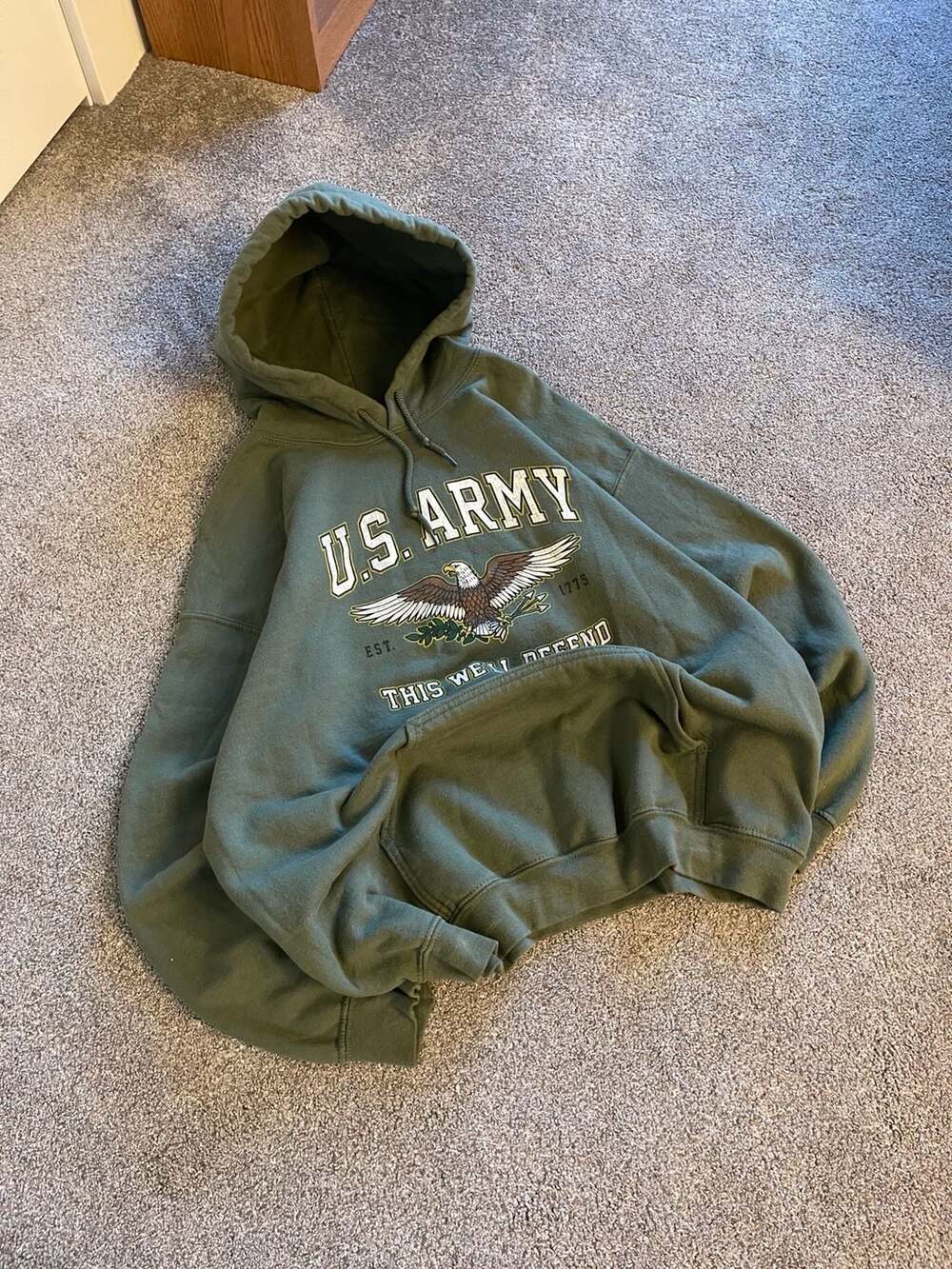VTG 90s Heavyweight US Army Hoodie Olive Green Eagle This We'll Defend Size XL